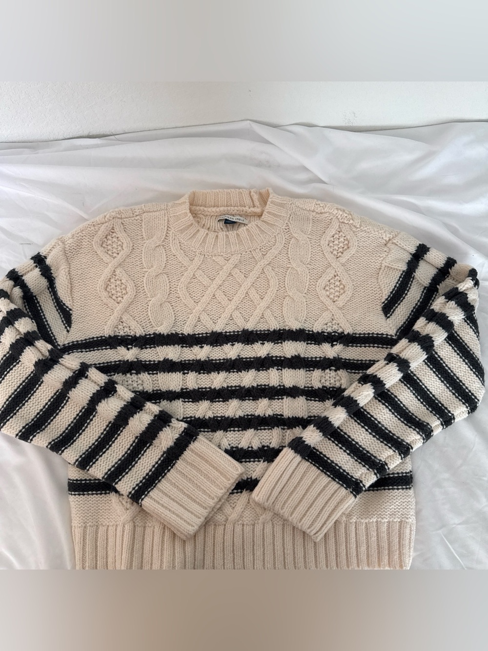 American Eagle Outfitters Cream and Black Striped Cable-Knit Sweater